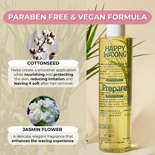 Happy Waxing Prepare Nourishing Oil 8.45oz - Pre-Wax Safety Barrier & Post-Wax Residue Remover - Minimizes Pain & Protects Skin - Conditioning Jasmine Scented Oil for Hard Wax - Vegan & Paraben-Free