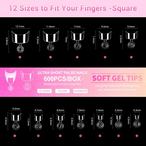 600PCS Extra Short Almond & Square Nail Tips Set, Short Almond Gel x Nail Tips, Half Cover Fake Nail Extensions, Clear Gel Nails Tips for DIY with 12 Sizes