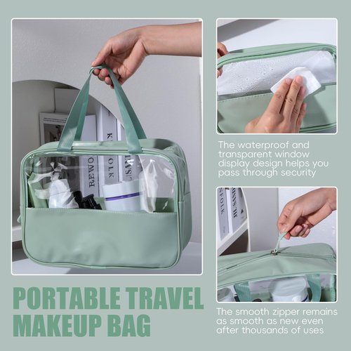 NVTED 3PCS Clear Hanging Travel Toiletry Bag, Cosmetic Bags Set Waterproof Transparent PVC Travel Makeup Pouch Carry on Travel Organizer Bag (Green)
