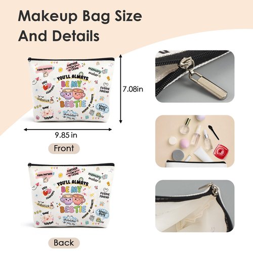VeloKomo Bestie Gifts for Women - 3 Pcs Friendship Set with Aesthetic Makeup Bag Cute Keychain and Bracelet Travel Accessories Christmas New Year Vacation Birthday Gift for Best Friend Soul Sister