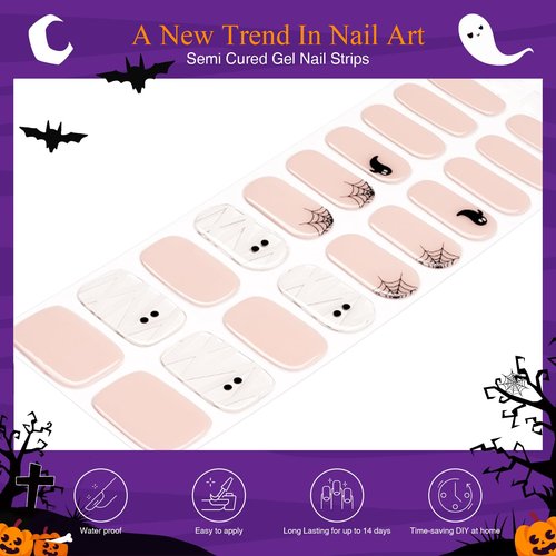 Nelikoo Halloween Semi Cured Gel Nail Strips, 20 pcs Gel Stikers, Wraps, Salon-Quality, 2 Weeks Long Lasting 605