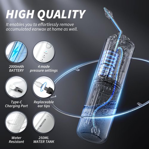 Ear Wax Removal - Electric Ear Irrigation Flushing System, Water Powered Ear Cleaner with 4 Pressure Modes, Safe and Effective Ear Cleaning Tool, Water Resistant USB Rechargeable (White)