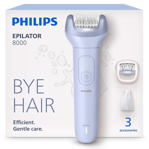Philips Epilator Series 8000 - Cordless Wet & Dry Hair Removal Device with ProGuide & 3 Accessories | 60 Min Runtime