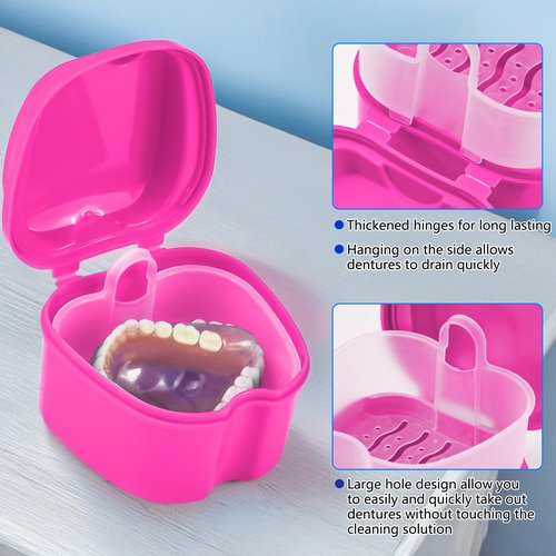 2 Pack Colors Denture Bath Case Cup Retainer Cleaner Holder Case False Teeth Soaking Container Dental Bath Storage Box Case with Strainer Basket and Brush - Rose Red & Black