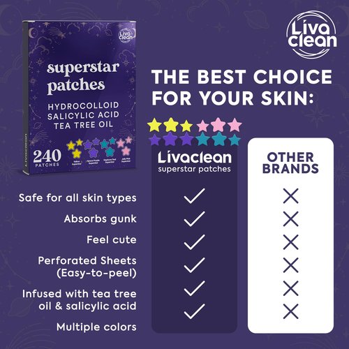 LivaClean 720 CT (3 Pack of 240) Superstar Pimple Patch for Face - Salicylic Acid & Tea Tree, Hydrocolloid Acne Patch, Pimple Patches Star Cute Zit Patches - 3 Sizes, 4 Colors