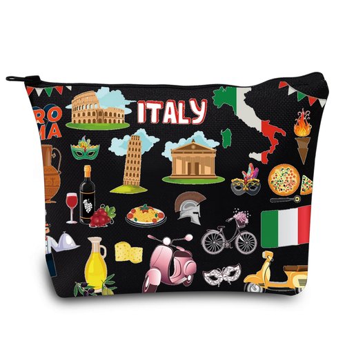 LEVLO Italy Travel Pouch Bag Rome Souvenir Gift Pisa Tower Colosseum Venice Carnival Zipper Pouch Bag Italy Trip Gift (Italy Black)
