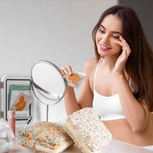 Paterr 4 Pcs Mini Quilted Floral Makeup Bag Women Gifts Small Cosmetic Bag Floral Quilted Makeup Pouch with Zipper Cute Travel Toiletry for Mom Teacher Women Girls Gifts(Pink, Orange Flower)
