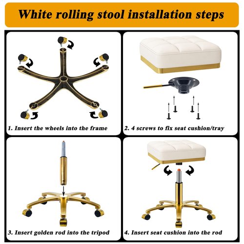 CQAEBK Square Rolling Stool Gold Adjustable Swivel Stools with Wheels, Vanity Lash Nail Salon Spa Roller Chair, Esthetician Massage Office Pedicure Stool, Heavy Duty Gold Plated Frame (White)
