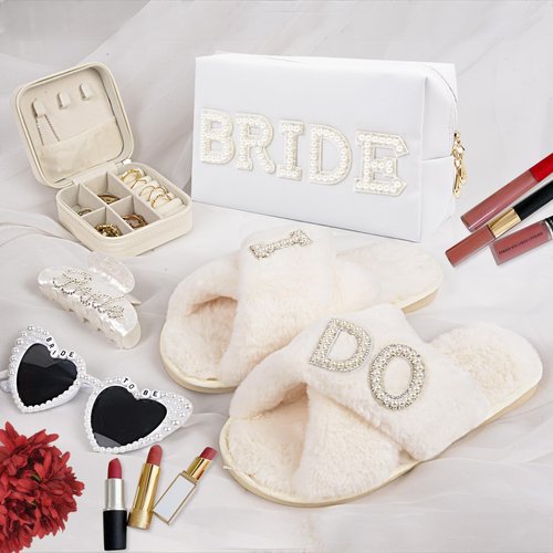 Bridal Shower Gifts for Bride - 5 Pcs Bride to Be Gift Set, I DO Slippers, Makeup Bag, Heart Sunglasses, Jewelry Box, Hair Clip, Cool Bachelorette Engagement Wedding Day Party Accessories for Her