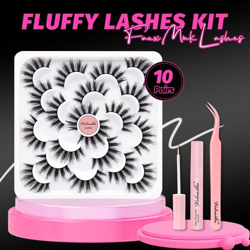 Veleasha Lashes 3D Fluffy False Eyelashes 10 Pairs Soft Faux Mink Lashes Lightweight Fake Eyelashes Wispy False Lashes Kit with Lash Glue and Lash Tweezers Handmade Strip Lashes (3D07 Kit)
