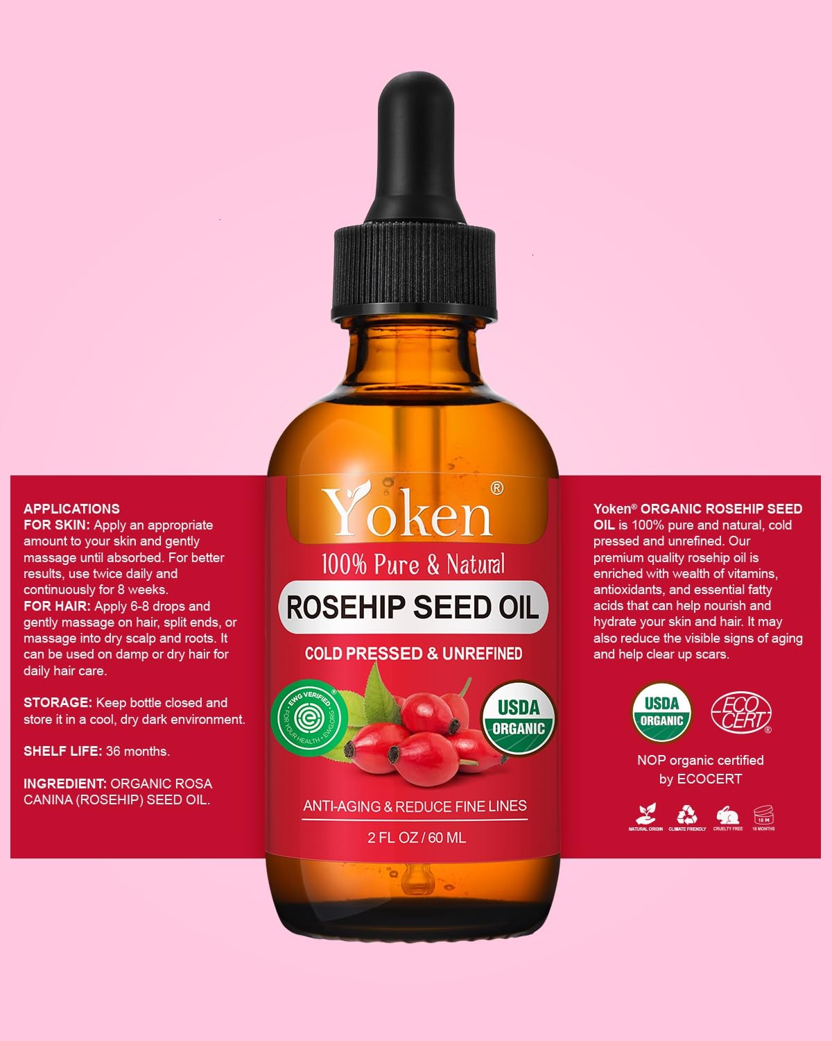 Yoken Organic Rosehip Seed Oil for Face, 100% Pure and Natural Cold Pressed Unrefined Rosehip Oil Carrier for Skin, Hair & Nails - Lightweight, Fast-Absorbing (2 fl oz)