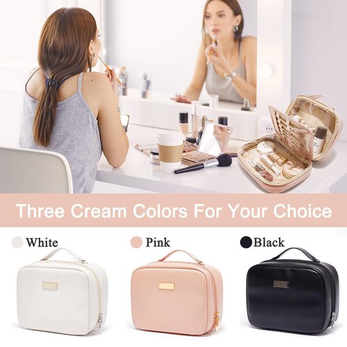 BAKLUCK Travel Makeup Bag Large Capacity Transparent Double Sided Cosmetic Bags with Makeup Brush Compartment- PU Waterproof Leather Makeup Toiletry Organizer Bag for Women,Pink