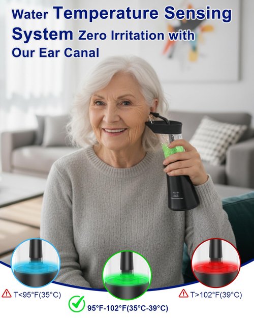 Upgraded Electric Ear Cleaner - Ear Irrigation Flushing System with 4 Pressure Mode, Temp Sensor, 16PSI, IPX7, 6 Replacement Nozzle, One-Hand Control Ear Cleaning Tool with Wastewater Separation