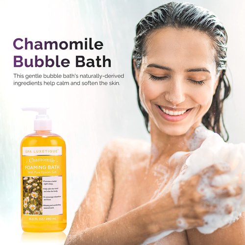 Spa Luxetique Bubble Bath, Foaming Bath with Epsom Salt, Chamomile Rose and Lavender Scent Bathing Set, 3 Pack 49.8 fl oz Christmas Gifts Set for Women and Men