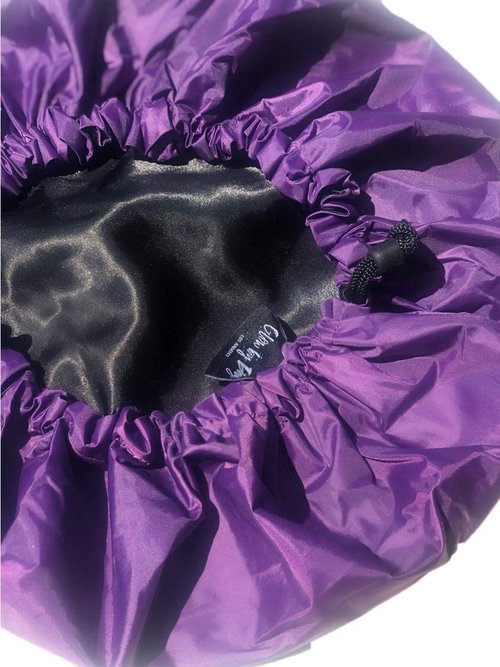 Glow by Daye Satin Lined Shower Cap - Adjustable Waterproof Hair Protection | Large, Purple Rain