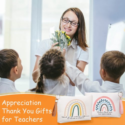 Fumete 20 Pcs Daycare Teacher Gifts Bulk, Inspirational Rainbow Makeup Bags, Silicone Keychains Zipper Canvas Pencil Pouch for Employee Thank You Gift Mothers Day Paraprofessional Appreciation Gifts