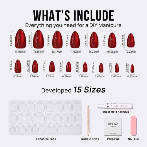 BTArtbox Press On Nails Almond - Deep Red Sparkly Press On Nails with Glue for Women, Glossy Soft Gel Glue On Nails in 15 Sizes - 30 Stick On Nails Kit for Christmas, Mystic Ruby