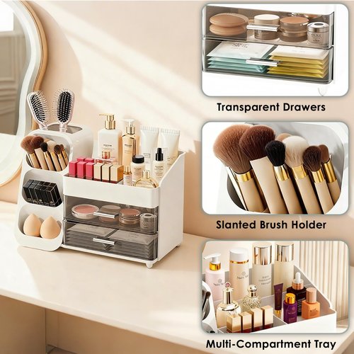 ShinyDew Makeup Organizer with Brush Holder for Vanity, Spacious Cosmetic Display Case with 2 Drawers, The Perfect Bathroom Vanity Organizer for Beauty Essentials, Skincare, Lipsticks