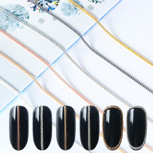 JERCLITY 4 Packs of 24 Strips Nail Chains for Nail Art Gold Silver Alloy Metal Nail Art Chains Gold Nail Charms Punk Nail Studs Jewelry Accessories for Women Nail Art