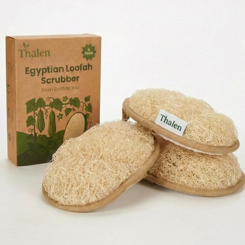 Thalen Natural Loofah Exfoliating Scrubber Body and Face - 3-Pack | Plastic-Free Loofah, No PFAS, Bath Sponge for Women, Shower Scrubber Exfoliator, Face Scrubber for Smooth Skin - Brown Cedar