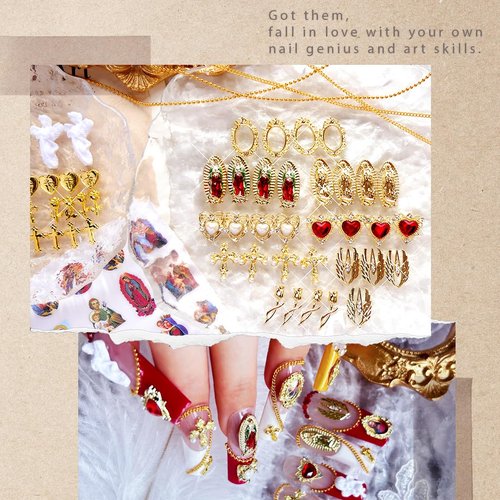 65pcs Virgin Mary Cross Gold Nail Charms 3D Heart Angel Rose Flower Alloy Rhinestones for Acrylic Nail Art Religious San Judas Nail Stickers Chains Gems Jewels Manicure Decoration Supplies DIY