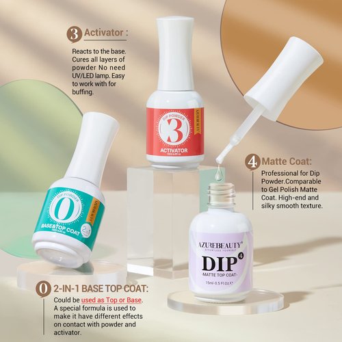 AZUREBEAUTY Dip Powder Liquid Set Base & Top Coat with Activator Matte Top Coat Comprehensive Professional Dipping Powder Essential Set for Dip Nail Art 15 ml 0.5 Oz Fast Dry No Nail Lamp Needed