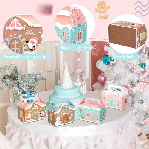 Skiennix 20 Pcs Pink Christmas Treat Boxes - 3D Gingerbread House Design for Cookies & Snacks