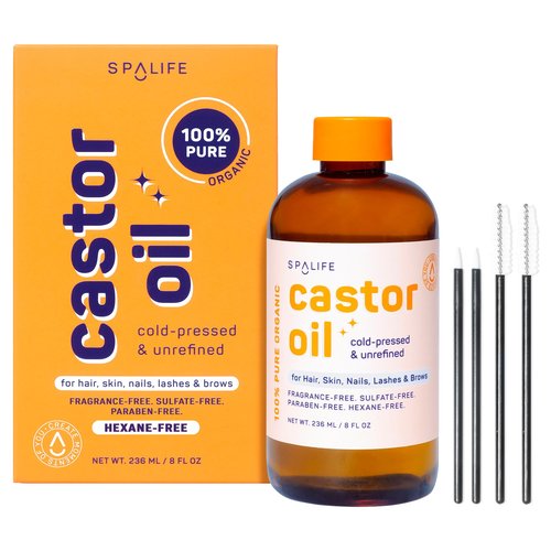 SpaLife Organic Cold Pressed Castor Oil for Face, Brows, Hair, Skin, Nails, & Lashes | Hexane Free Cold Pressed Castor Oil & 2x Brow Brushes, 2x Lash Line Applicators, and Dropper | 8 FL OZ