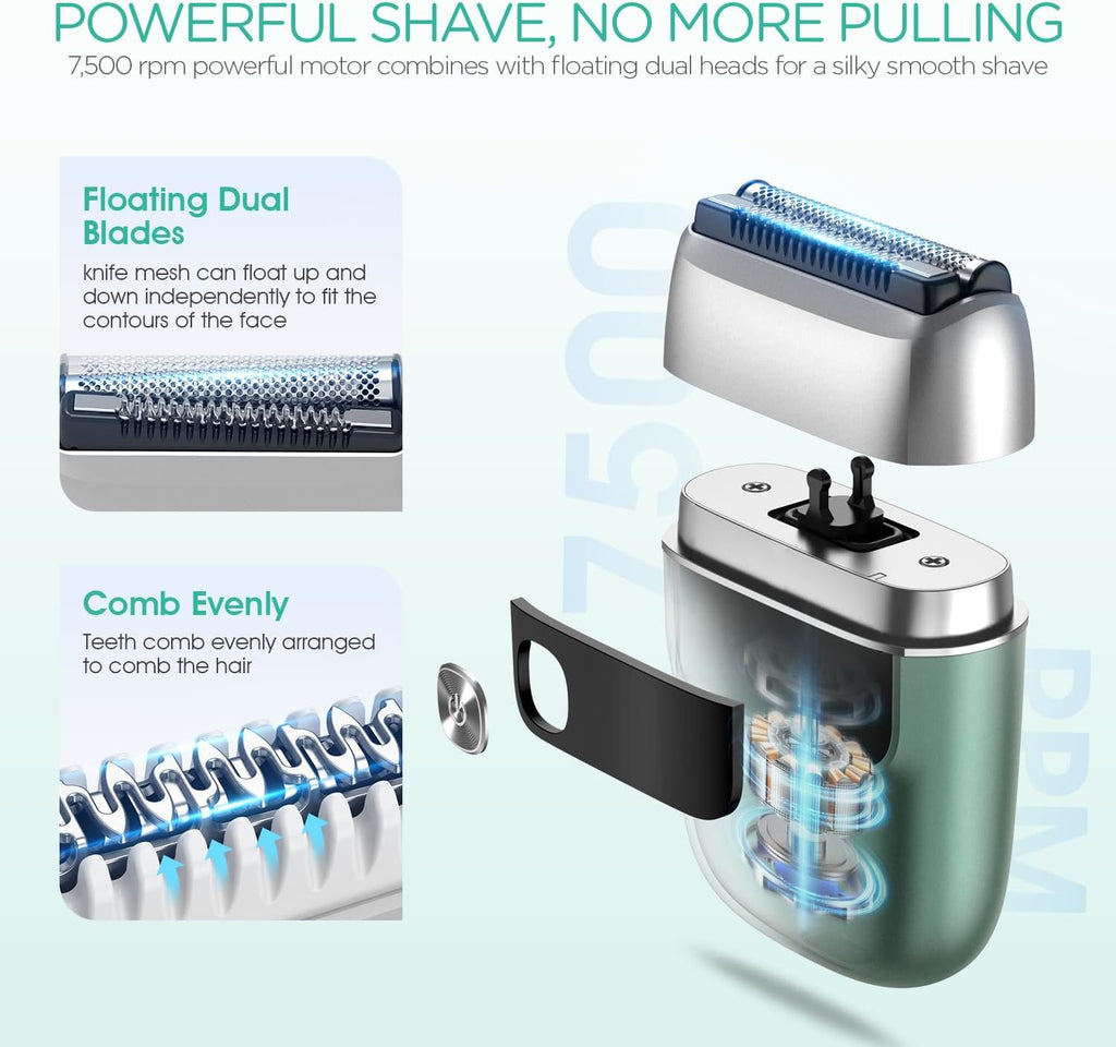 VOYOR Foil Shaver - 2 in 1 Portable Electric Razor for Men | Rechargeable & Washable ER300 (Green)
