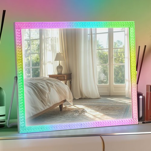 homtang Vanity Mirror with Lights,RGB & 3 Dimmable Light Modes Makeup Mirror with Touch Control,Light Up Mirror for Desk,360°Rotation,17x22 Inch