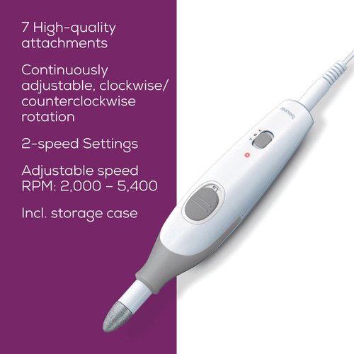 Beurer MP32 Electric Nail Drill with 7 Attachments, Manicure/Pedicure Set with 2-Speed Levels & Dual Rotation for Salon-Quality Nail Care at Home, Including Storage Case