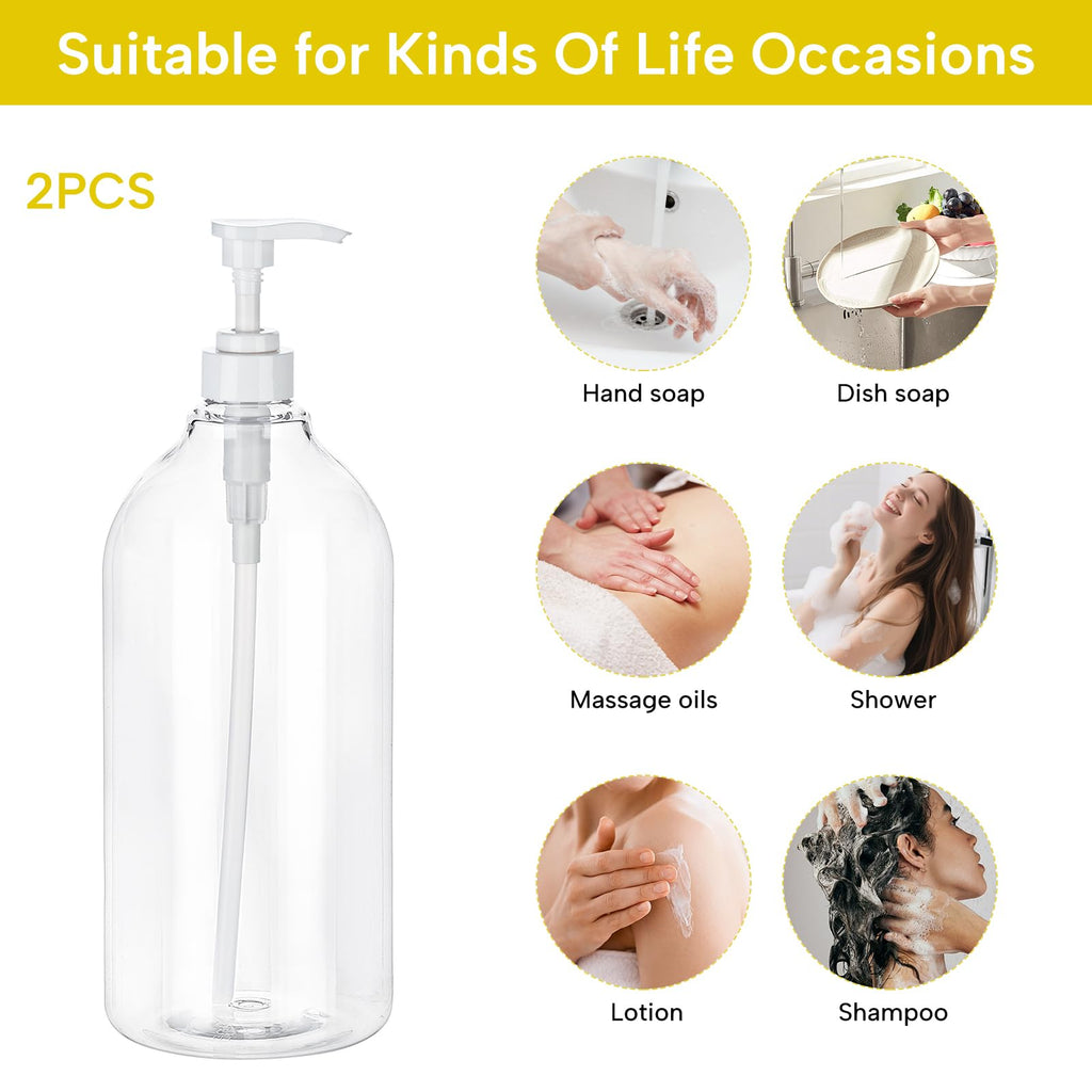 Yebeauty Pump Bottle Dispenser, 67oz 2000ml Refillable Shampoo Pump Bottles Empty Plastic Shower Soap Dispenser Large Liquid Containers for Conditioner Body Wash, Bathroom Kitchen, 2 Pack Clear