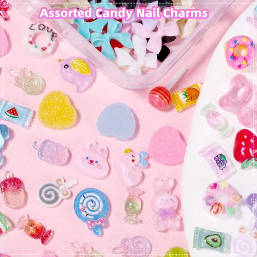 3D Candy Acrylic Nail Charms, Multi Color Cartoon Gummy Bear Fruit Lollipop Donut Ice Cream Heart Star Bows Acrylic Nail Art Charms, Candy Charm for Nails Art DIY Crafts Accessories
