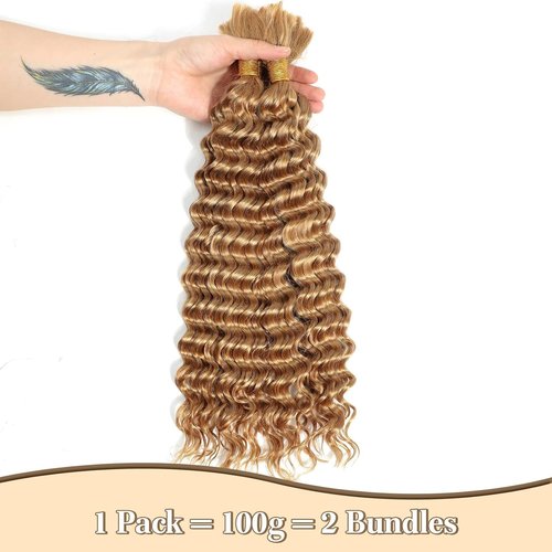 Braiding Hair Ubinica 27# Honey Blonde Deep Wave Bulk Human Hair for Braiding 2 Bundles Total 100g 16 Inch Deep Wave Bulk Braiding Hair for Boho Braids