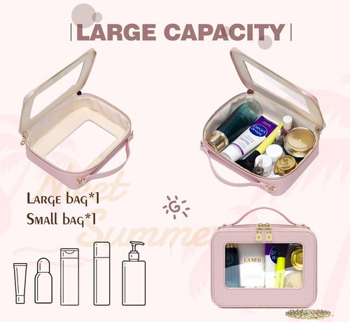 Jorebill Waterproof Cosmetic Bag with Makeup Brush Bag, Leather Travel Makeup Bag with handle, Crossbody Shoulder Bag with metal detachable shoulder strap for Women (pearl pink)