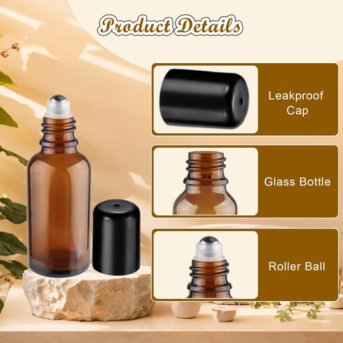 Mirrline 12 Pcs Essential Oil Roller Bottles Amber Glass Roller Bottles Refillable Cosmetic Vials Containers with Stainless Steel Roller Balls & Black Lid - 30ml/1oz