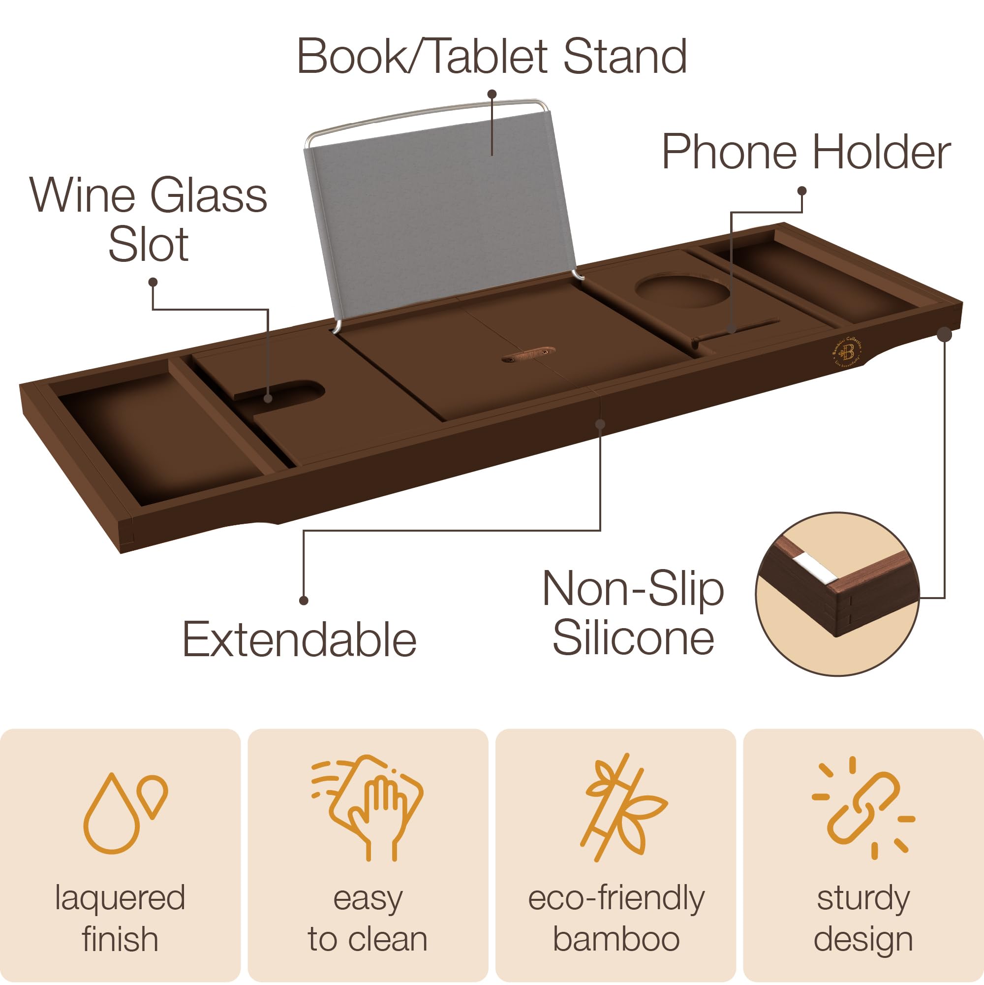 Wooden Bathtub Tray - Foldable & Expandable Bamboo Bath Tray for Tub with Wine Holder, Book & Tablet Stand - Bath Caddy Tray for Bathtub, Spa Bath Accessories, Tub Tray Table, (Brown)