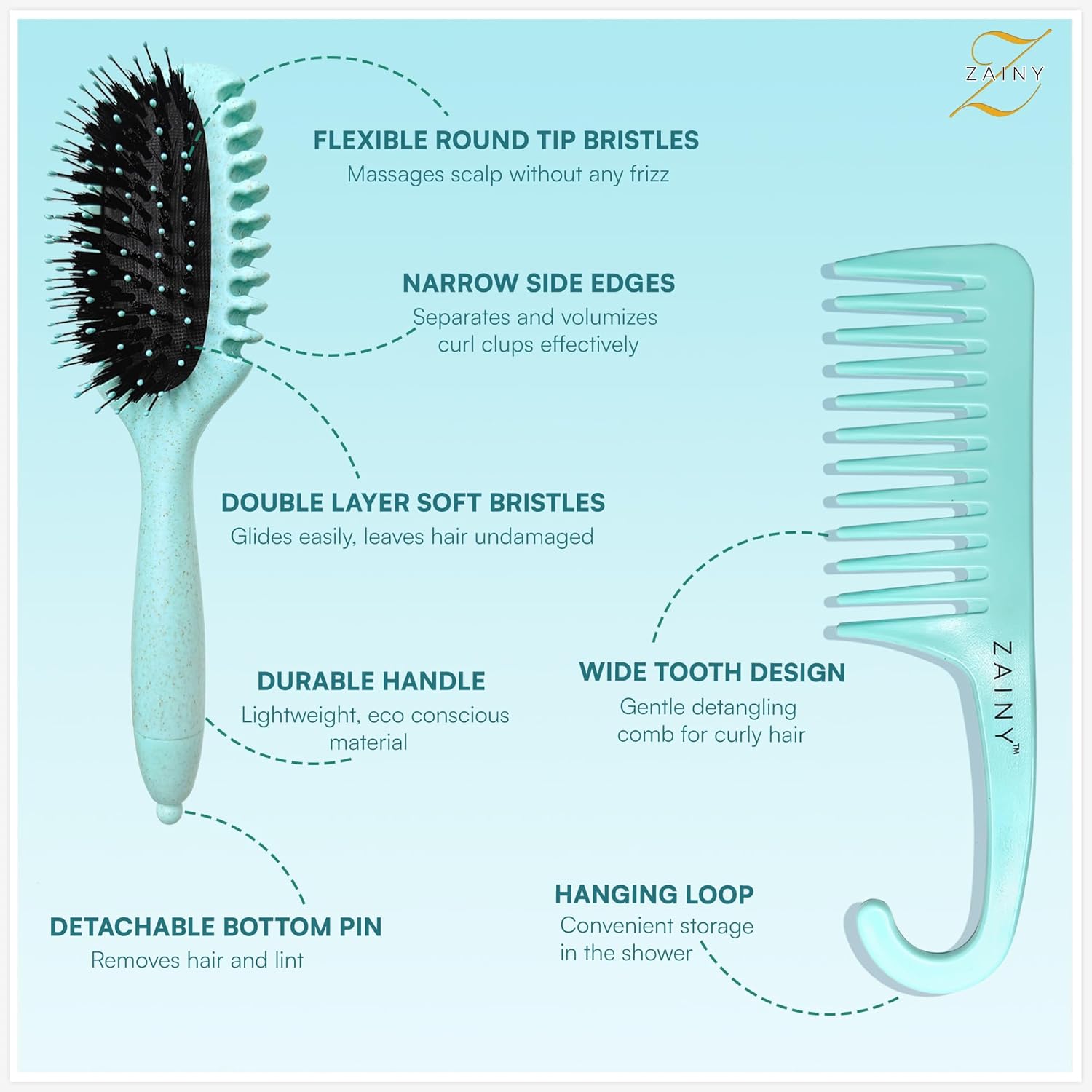 ZAINY Curl Defining Brush Set - 2PC Wide Tooth Comb & Detangler for Curly Hair | Ideal for Women, Kids & Men