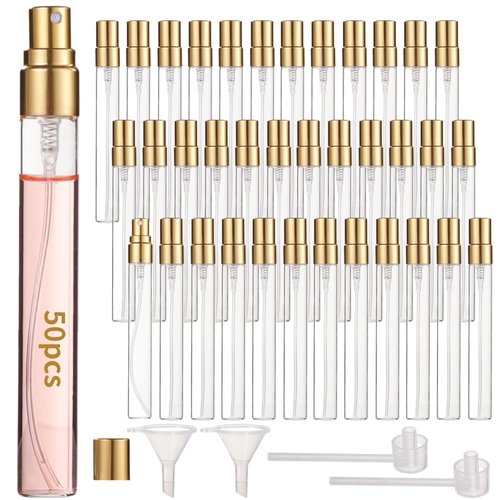 50 Pcs 10 ml Perfume Bottles - Refillable Glass Mini Spray Bottles, Portable Travel Sample Containers, Fine Mist Atomizers with Caps, Includes 2 Funnels and 2 Dispensers, Ideal for Liquids, Gold
