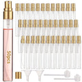 50 Pcs 10 ml Perfume Bottles - Refillable Glass Mini Spray Bottles, Portable Travel Sample Containers, Fine Mist Atomizers with Caps, Includes 2 Funnels and 2 Dispensers, Ideal for Liquids, Gold