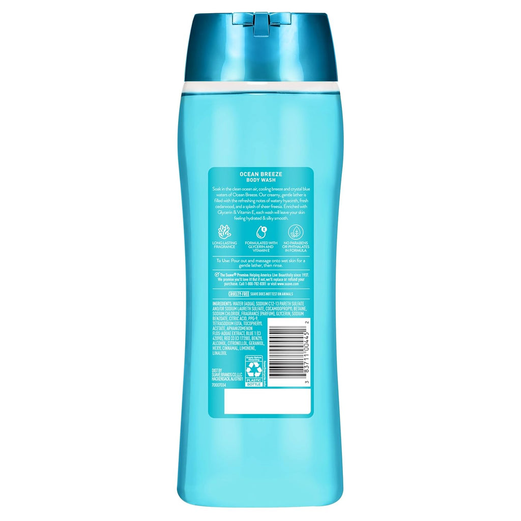 Suave Ocean Breeze Body Wash - Hydrating Glycerin & Vitamin E Formula for Soft Skin | 18 FL OZ, 6 Count