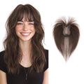TESS Hair Topper Real Human Hair Toppers for Women with Thinning 11 Inch 360° Cover Clip in with Bangs Upgrade Lace Base Daily Wear, Dark Brown