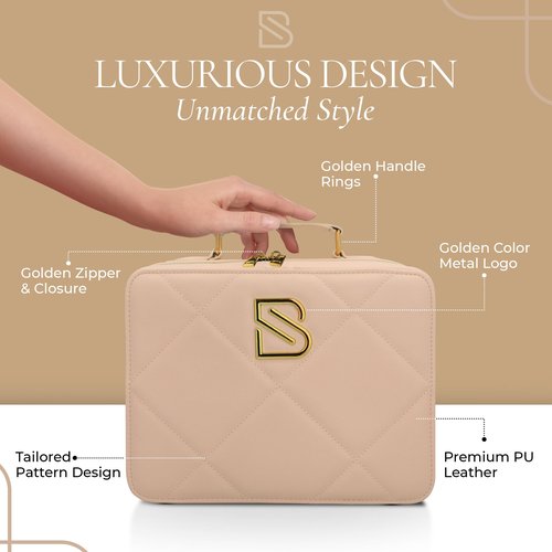 BAREZ Premium PU Leather Makeup Bag With LED Mirror - 3 Brightness Mirror Light Settings - Adjustable Dividers - Removable Mirror Waterproof Cosmetic Travel Bag - A Luxury Gift for Her (Nude)