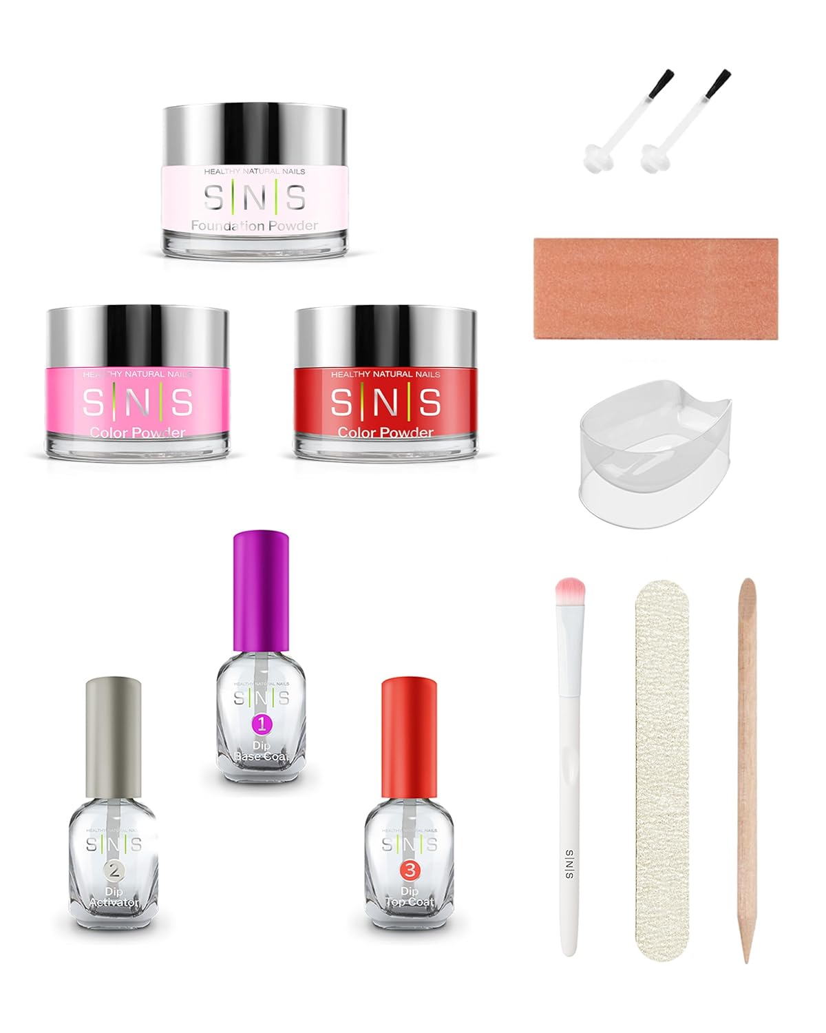 SNS Nail Dip Powder Starter Kit - Hot Pink & Red | Includes Base Coat, Activator, Brush & More