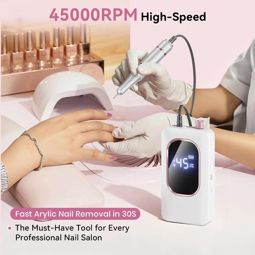 Professional Electric Nail Drill 45000RPM, Portable Nail File for Acrylic Gel Nails, Cordless Rechargeable Salon-Grade Ultra Power Nail Drill Kit for Shaping, Polishing & Removing Gel Nails