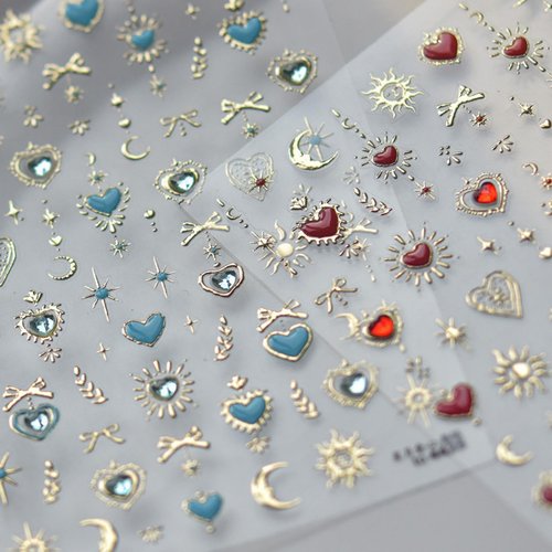 Heart Nail Sticker Decals Star Moon Nail Art Stickers with Diamond Design Red Blue Nails Decals 5D Embossed Self Adhesive Love Nail Charms for Women Girls Kid Manicure Supply Decoration Accessories