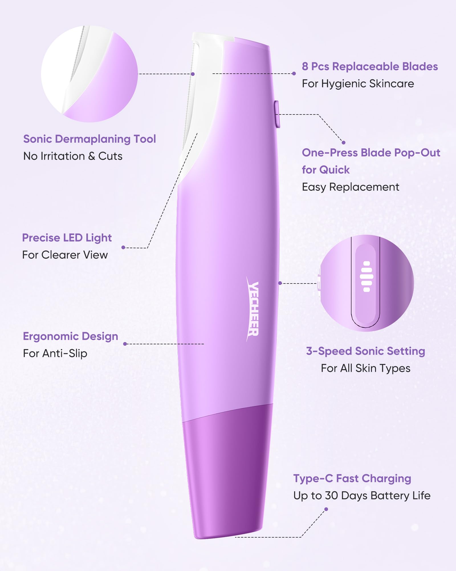 Yecheer Dermaplane Razor for Women face: Sonic Dermaplaning Tool for Smooth & Flawless Skin