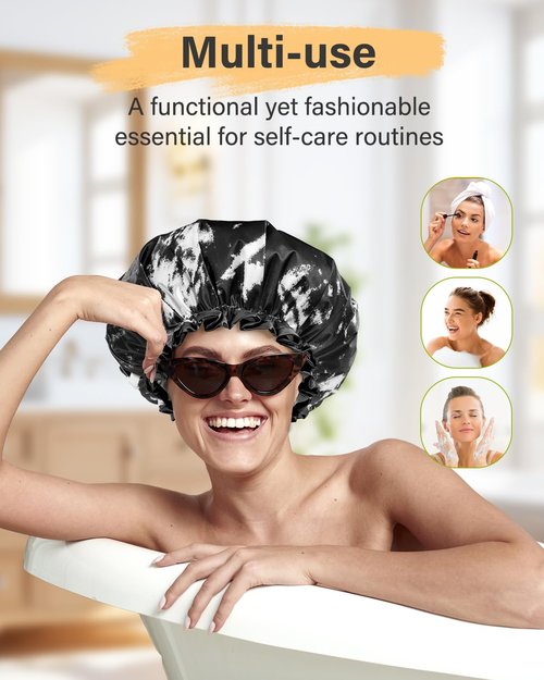 mikimini Large Shower Cap for Women Men Reusable Waterproof, Double Layer Adjustable Hair Cap with Elastic Band for Long Hair & Braids - Classic Black and White Design