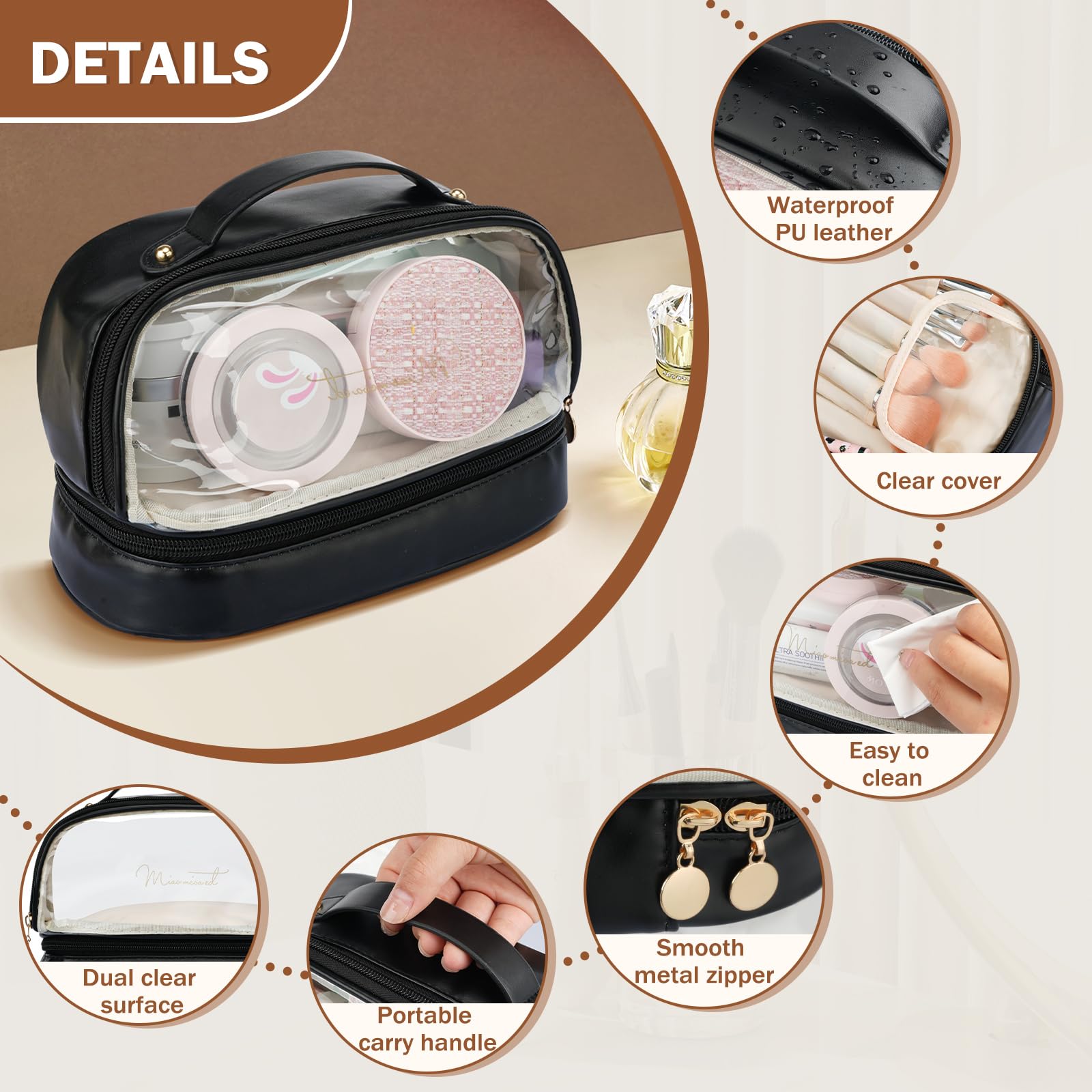 Yowivon Black Makeup Bag Organizer Travel Clear Cosmetic Bags for Women, Leather Waterproof Travel Size Skincare Make Up Bag Toiletry Bag, Graduation Birthday Gifts for Women Girls