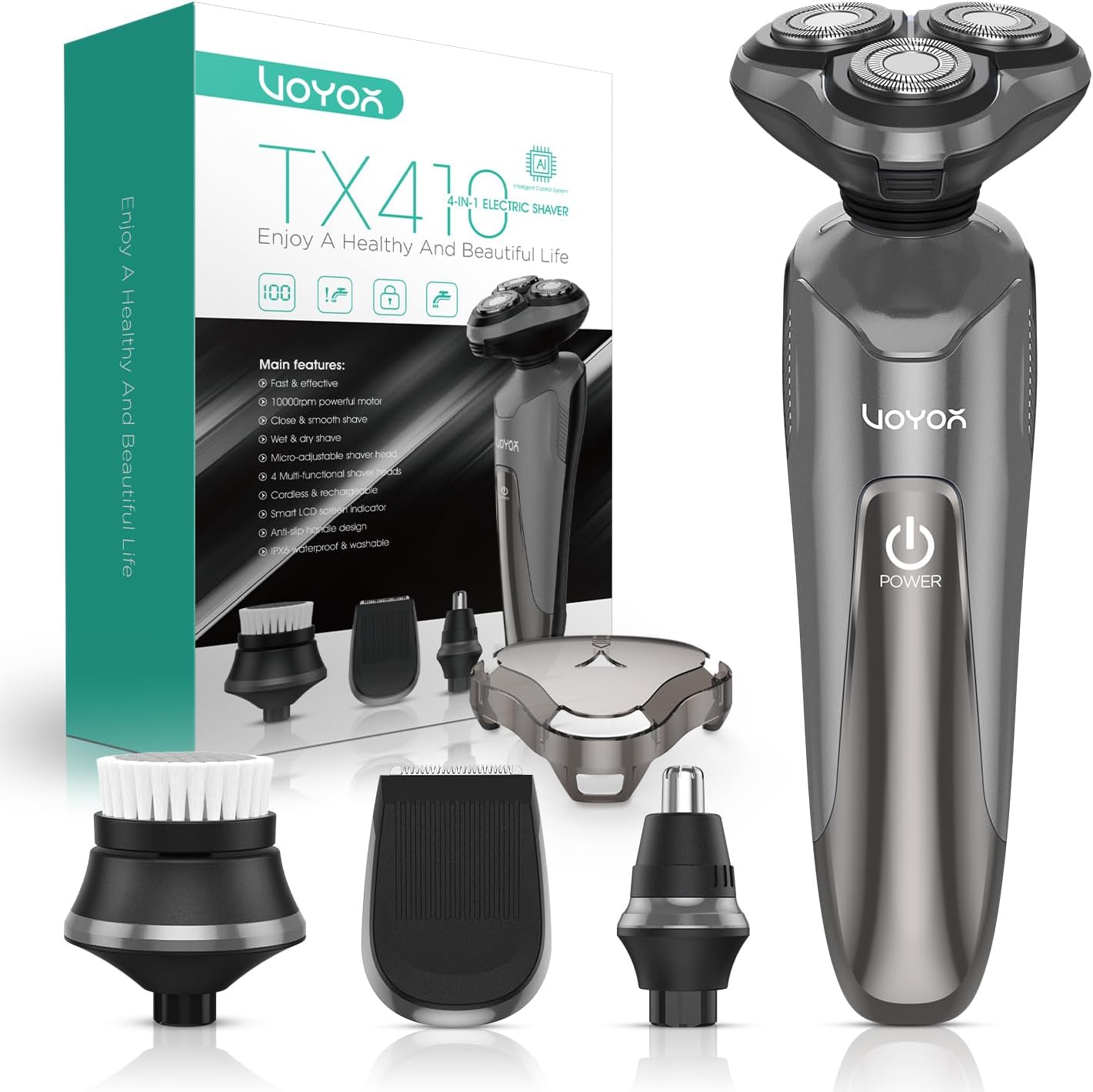 VOYOR Electric Razor for Men - Cordless Wet/Dry Shaver with Rechargeable Battery | Waterproof Grey TX410